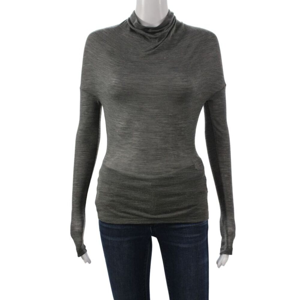 Victoria Beckham Women Jersey T-Shirt Dark Gray Mock Neck Long Sleeve Size XS
